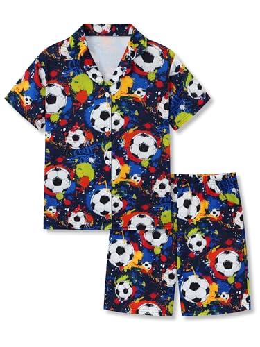 Beezizac Boys Soccer Graffiti Splatter Pajamas Coat Style Button Down 2-Piece Cozy PJ Set Size 14