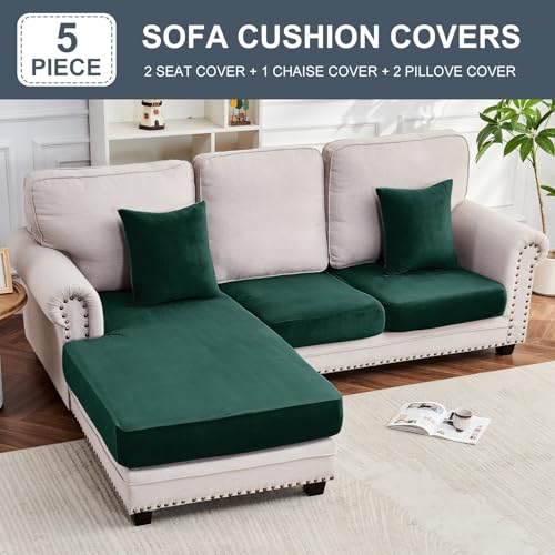 Image of Stretch Silver Fox Velvet Sectional Couch Covers - 3-Piece Sofa Cushion Covers for Left /Right L-Shaped Chaise, Soft and Comfortable Slipcovers for Sectional Sofa(2Seater+1Chaise,Christmas green)