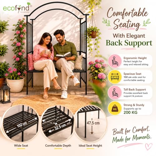 Image of ecofynd 6.8 Feet High 3.8 Feet Wide Garden Arch with 2-Seater Bench, Metal Arbor Trellis for Climbing Plant with Outdoor Garden Chair, Backdrop Stand for Wedding Lawn Backyard Party Decor (GC004-BLK)