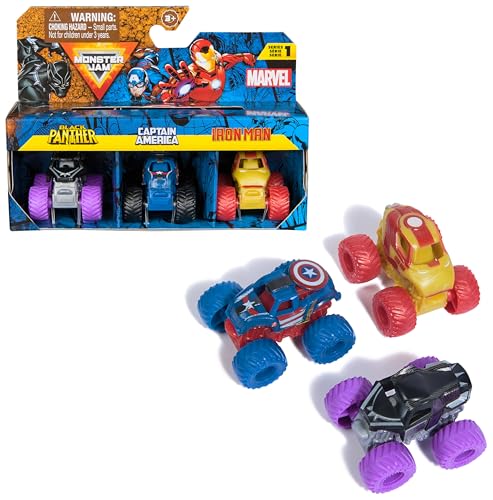 MONSTER JAM   Pack 3 Coches Monster Truck Marvel Oficial Escala 1:87 Metálicos: Black Panther, Capitán América y Iron Man   6070229   Coches para Niños   Juegos Infantiles   Juguetes Niños 3 años +