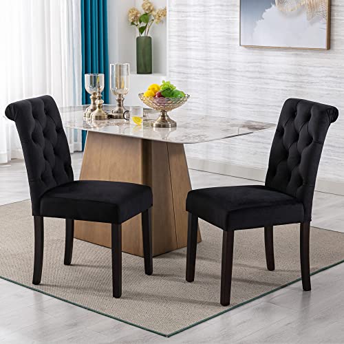DM Furniture Velvet Dining Chairs Set of 2 Upholstered Dining Room Chairs Modern Tufted Accent Chairs Wooden Parsons Side Chairs for Home Kitchen Resturant, Black
