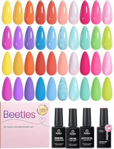 Image of Beetles Gel Nail Polish Set - 7.5ML 20 Color Orange Purple Yellow Blue Gel Polish Kit with Base Coat Glossy & Matte Top Coat, Bright Color Pearl Gel Soak Off UV Led Nails Gift for Women