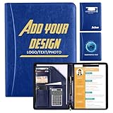 Personalized Zippered Padfolio with Custom Logo/Text/Photo - Leather Planner Binder and Portfolio Folder for Documents - A4/Letter Size with Business Card Holder for Men & Women (Blue)
