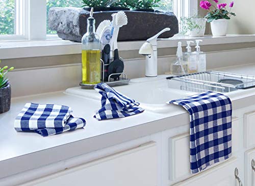 Linen Hub 100% Cotton Kitchen Dish Towels 16X26 Set Of 6, Absorbent Durable Washable Tea Towels, Restaurant Cleaning Towels, Buffalo Plaid Check Kitchen Towels With Hanging Loop, Blue White #TOP3