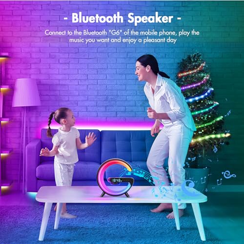Led Wireless Charger Lamp, G Shaped Lamp Phone Charger Bluetooth Speaker with 10 Lighting Modes and 5w Wireless Fast Charging, Dimmable Bedside Lamps And Alarm Clock, Gifts for Boys Girls(Black) - Image 3