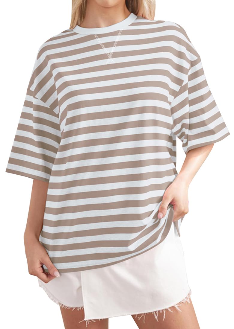 PANOZON Donna T-Shirt Oversize a Righe a Blocchi di Colore a Manica Corta a Girocollo T-Shirt Casual a Manica Corta Tops Loose
