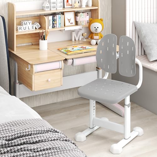 RELAX4LIFE Silla Escritorio Infantil con Altura Ajustable en 5 Posiciones, Respaldo Doble, Asiento Transpirable y Marco Metálico, Silla Infantil Ergonómica sin Apoyabrazos para Niños 3+ Años (Gris) - imagen 2