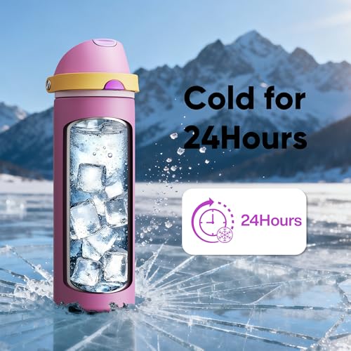 Image of Insulated Water Bottle with Straw - Encool Stainless Steel Water Bottle with Push Button Lid, Leak-Proof & BPA-Free, Keeps Cold for 24 Hours for Sports, Travel, Gym (24 oz, Light Orchid-Fuchsia)