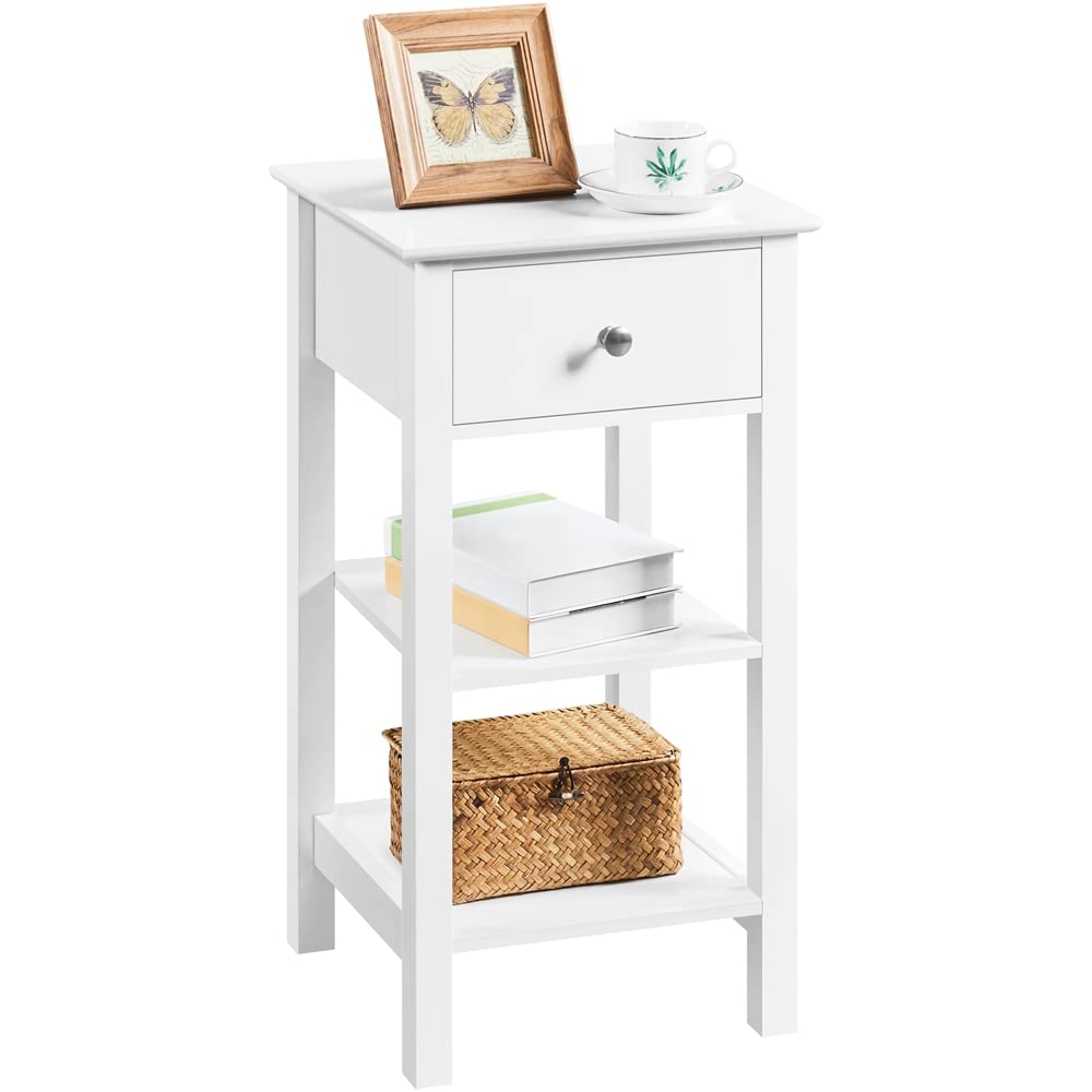 Yaheetech Mesita de Noche Alta Blanca Mesilla de Noche de Madera MDF con 1 Cajón y 2 Estantes Mesa Auxiliar para Sofá Dormitorio 35×35×70cm