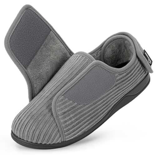 HomeTop Femme Talon Fermé Diabétique Chaussons Cordon Ajustable Largeur Crochet et Boucle Mousse à Mémoire Pantoufles Gris ultime, 40 EU