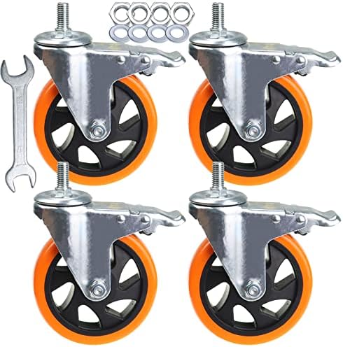 Stem Casters Heavy Duty Swivel Threaded Stem Caster Wheels with American Size 1/2''-13x1'' Thread Dual Locking Wheel with Brakes Pack of 4 (5 inch, with Brake)