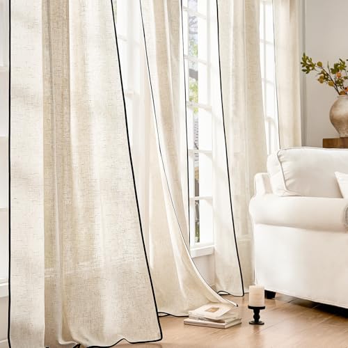 Image of jinchan Beige Linen Curtains with Black Trim Back Tab 50 x 96 Inch 2 Panels
