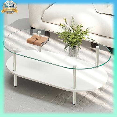 WYNDHAM ローテーブル ガラステーブル【6mm強化ガラス｜ステンレス鋼】幅100cm x 奥行50cm x 高37cm 楕円形 (ホワイト)