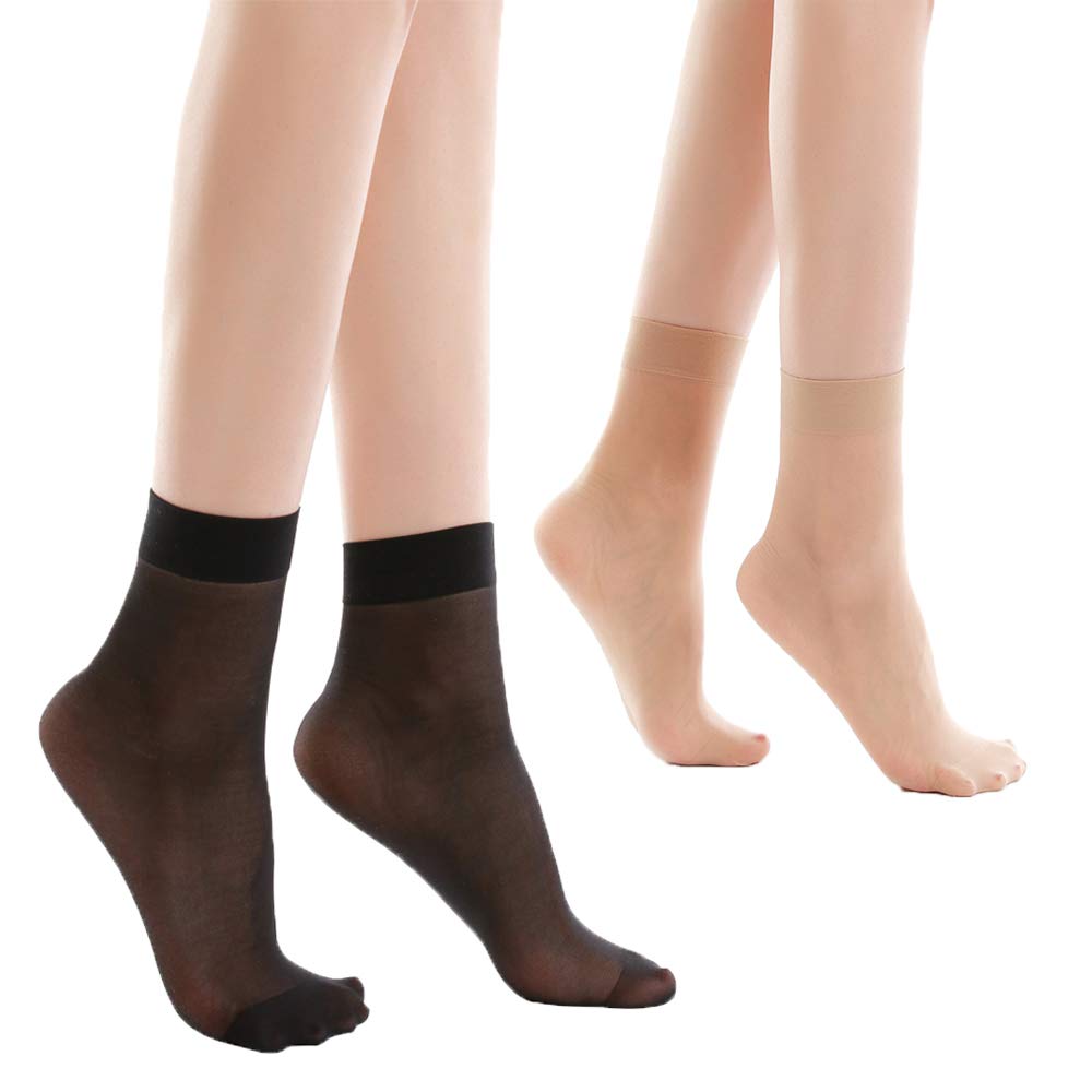 HA WA 12 Pairs Women's Ankle High Sheer Pop Nylon Socks, 20D Transparent Comfortable Silk sheer Socks (Nude+Black)