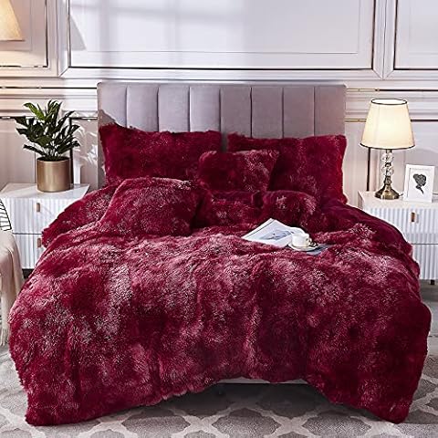 Uhamho Tie Dye Printed Faux Fur Bedding Set Modern Abstract Shaggy Plush Duvet Cover with Pillow Shams, Ultra Soft Warm and Durable (Burgundy, Queen) Cover