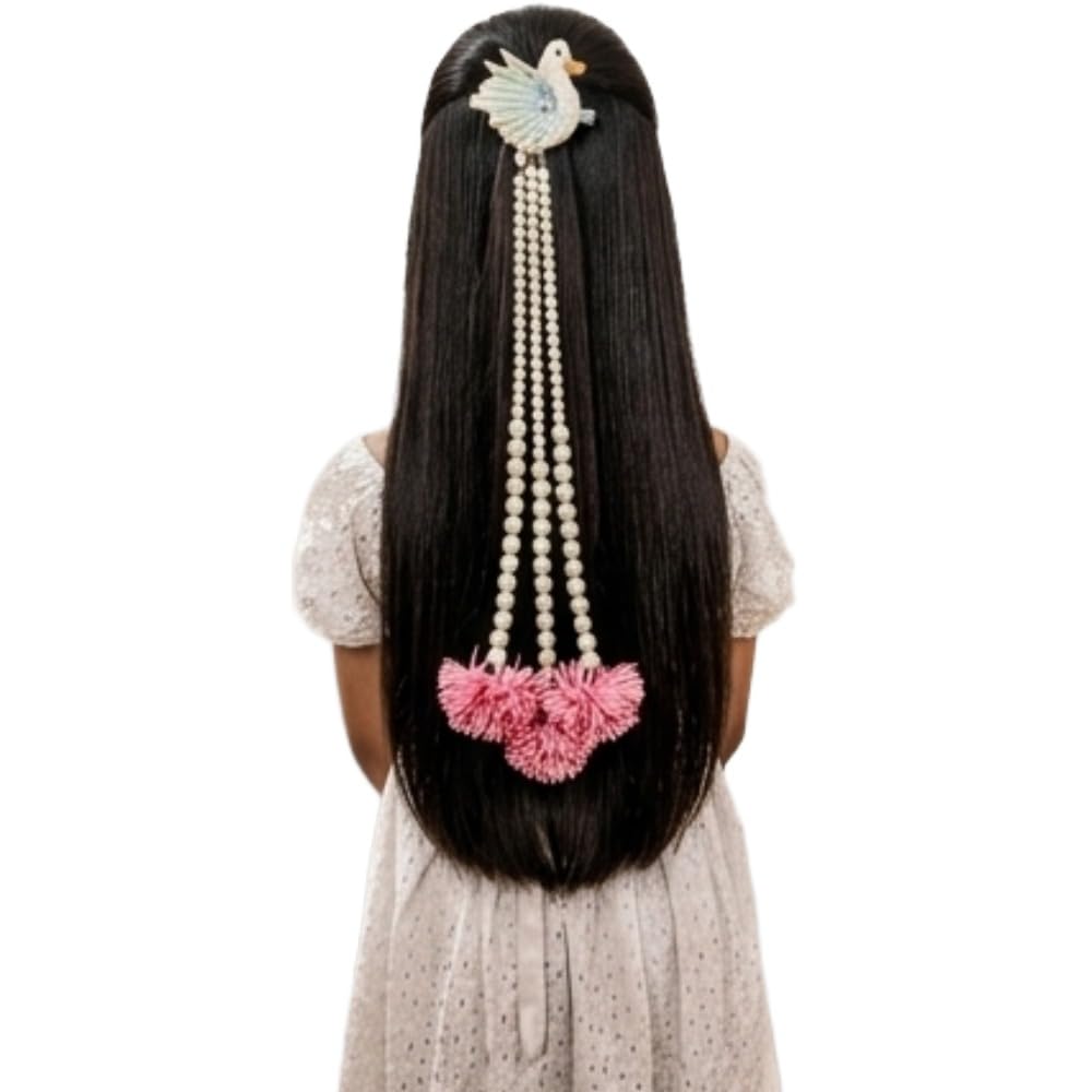 Cute Bird Hair Clip with Pearl Tassel & Pink Pom Pom - Elegant Beaded Hair Accessory for Girls, Kids Hairpin Clip for Braids, Ponytail, Wedding, Birthday Party, Photoshoot (White Pearl)-image-10