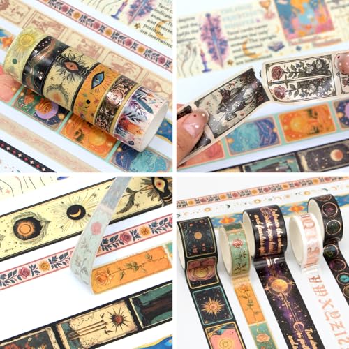 IEEBEE Goldfolien Washi Tape Set – 23 Rollen Tarot-Motive, Vintage Dekorationsstreifen für Journaling, Scrapbooking, DIY-Bastelbedarf, Junk Journal, Karten (Himmelsymbole/Sternenhimmel/Magie)