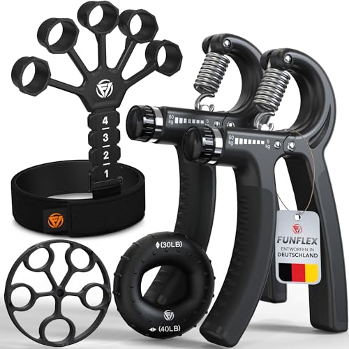 FUNFLEX Handtrainer Fingertrainer, Verstellbares Griffkraft Trainer Set -5-Teilig- Unterarmtrainer, Fingerstrecker, Handgelenk Band - Finger Grifftrainer - Grip Ring, Hand & Unterarm Training FUNFLEX Handtrainer Fingertrainer, Verstellbares Griffkraft Trainer Set -5-Teilig- Unterarmtrainer, Fingerstrecker, Handgelenk Band - Finger Grifftrainer - Grip Ring, Hand & Unterarm Training