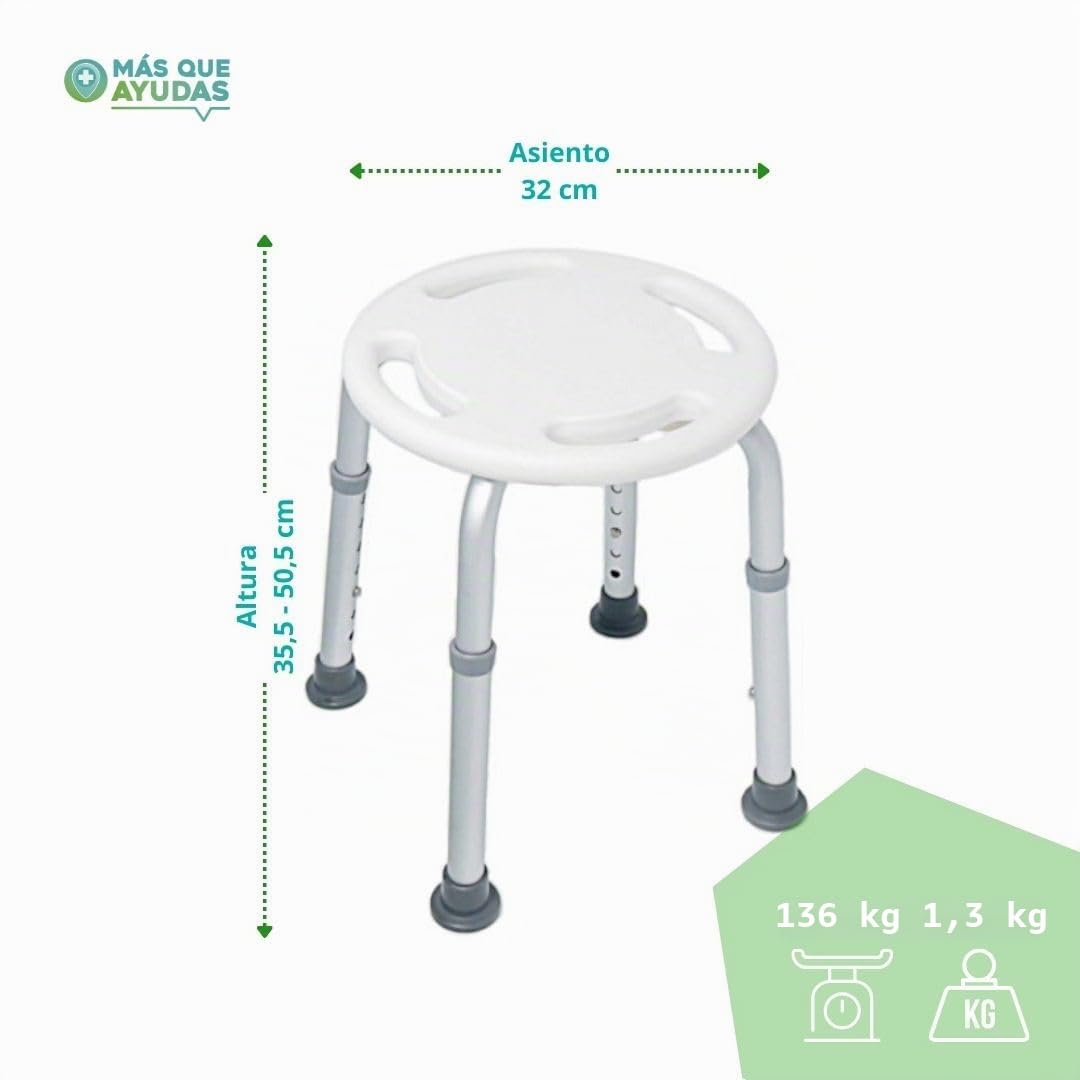 Taburete de Baño con Asas, Regulable en Altura 35,5-50,5 cm, Antideslizante, Banqueta para Bañera y Ducha, Aluminio Ligero, Peso Máximo 136 kg, Fácil Montaje