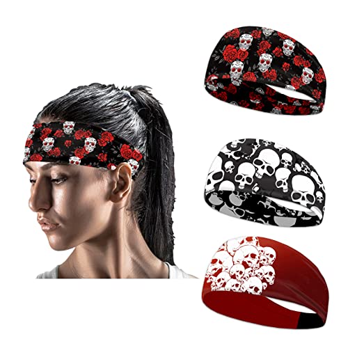 Lot de 3 bandeaux de sport à imprimé de crânes roses, squelettes, gothiques, élastiques, antidérapants et légers, pour homme, tête de mort, noir et rouge