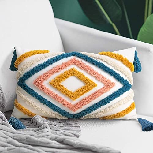JASEN Colorful Boho Throw Pillow Covers 12x20, Diamond Pattern Lumbar Pillow Covers with Tassel Woven Tufted Decorative Pillow Cover for Couch Sofa Bedroom Living Room