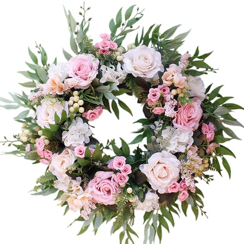 Door Wreath, Outdoor Summer Spring Wreaths, 56 cm Large Pink Rose Flower Wreath Farmhouse Artificial Flowers Wreath for Front Door Home Wall Wedding Tabletop Summer Decor (Champagne Pink)