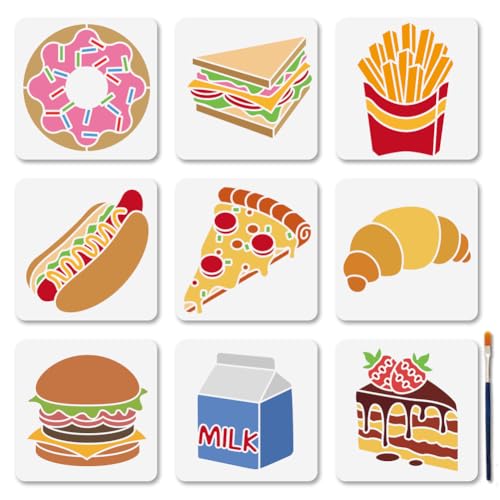 MAYJOYDIY 9 PCS Popular Food Painting Stencils 5.9x5.9 Inches Hamburgers Hot Dogs Reusable Stencils Donut French Fries Drawing Stencil Templates with Paint Brush for Wood Furniture Wall Canvas