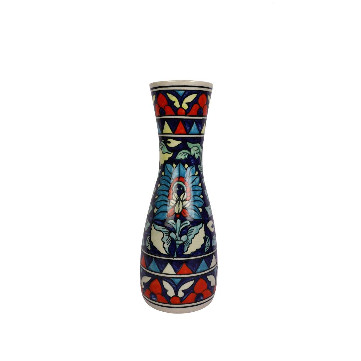 Craftghar Ceramic Long Painted Blue Pottery Flower vase for Home and Living Room | 12 Inch | Full Painting