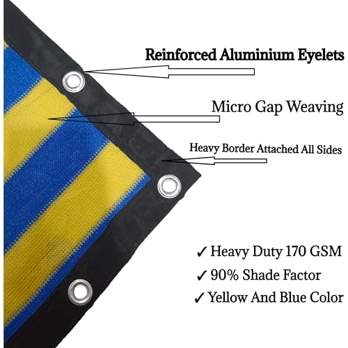 Image of NMK NETS Shade Net 90% Heavy Duty 170 GSM with All Side Eylets for Garden Balcony Multipurpose (5 ft x 22 ft, Yellow-Blue Color Strap)