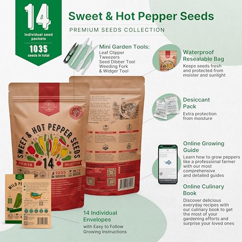 Organo Republic 14 Sweet & Hot Peppers Seeds Variety Pack 1030+ Seeds Non-GMO Peppers Seeds for Outdoor & Indoor Home Gardening Jalapeno Habanero Cayenne Serrano Poblano Cubanelle Pepperoncini