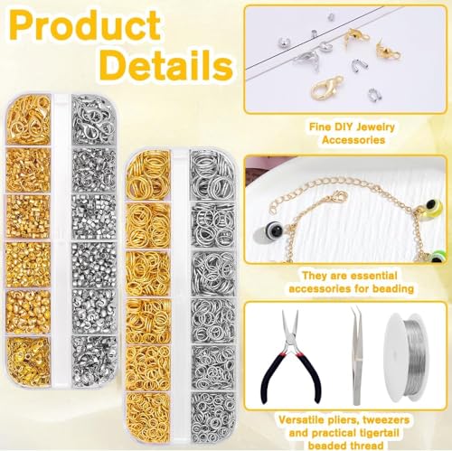 Image of Dhruv Crafts 1520PCS Crimp Beads for Jewelry Making,Open Jump Rings Jewelry Crimp Beads Covers Tubes Lobster Clasps Necklace Repair Kit with Pliers for Crafts DIY Jewelry Making(Silver & Gold)