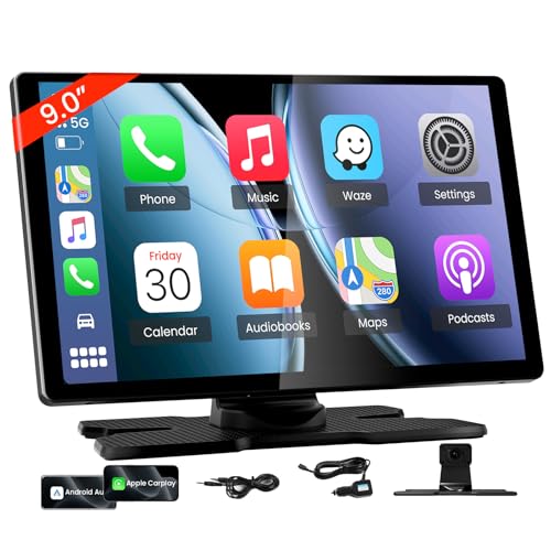 TECXERLLON 9.0'' Wireless Carplay Screen for Car, Portable Car Stereo with Apple Carplay & Android Auto, Car Audio Receivers with GPS Navigation, Mirror Link, Screen for All Vehicles(No Camera)