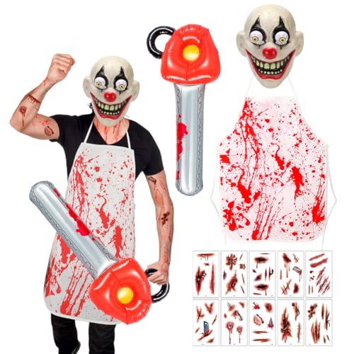 Disfraz de Payaso Asesino en Serie, Disfraces de Halloween Aterradores para Hombres, Máscara de Payaso de Terror, Etiqueta Engomada Sangrienta, Delantal, Motosierra Inflable para Carnaval Halloween