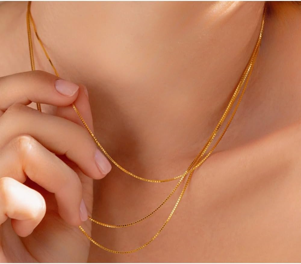 14K Real Yellow Gold Box Chain Necklace for Men & Women – 0.6mm & 1mm Widths in 16" to 24" Length Options (1mm-16 inch) - Image 3