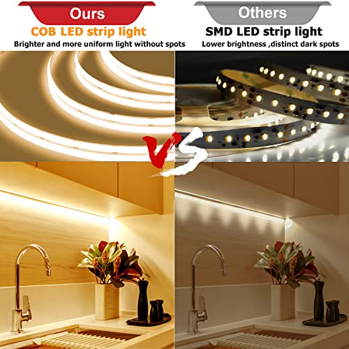 TTWAY COB LED Streifen 5M, Dimmbare LED Strip Warmweiss 3000K, 24V LED Streifen Licht, 480LEDs/M, CRI92, 8mm Breite, mit Fernbedienung und Netzteil für DIY Heimdekoration, Küche, Spiegel.