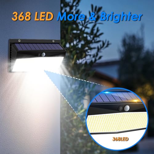 Image of Peasur 368 LED Solar Motion Sensor Lights Outdoor Waterproof with 3 Modes | 2 Pack, Cool White, Black Frame, Solar Powered, Security Lighting for Outside Yard Wall Garden Backyard Garage