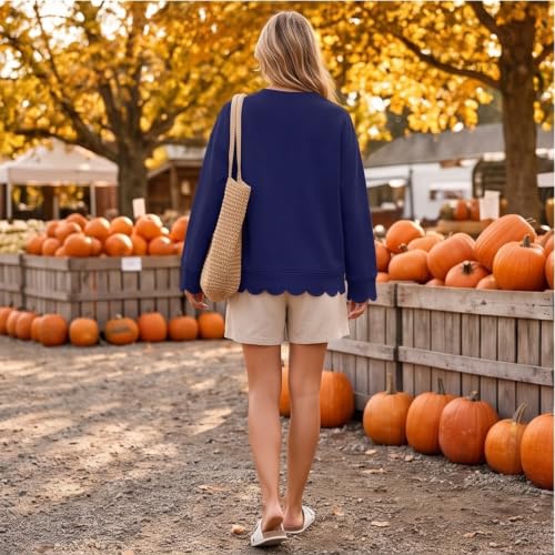 Cotton Sweatshirt for Women V Neck Scalloped Hem Trendy Pullover Tops - image 4