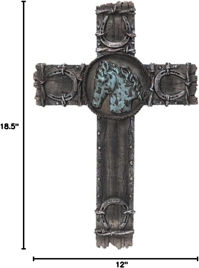 Pacific Giftware Horseshoe Rustic Western Cross with Turquoise Horse 18.5” Plaque