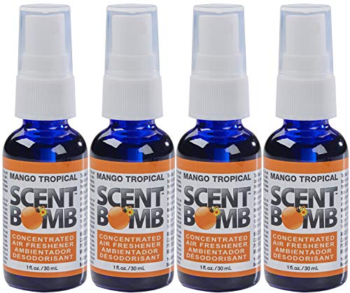 Image of Scent Bomb Air Freshener Spray, Long-Lasting Odor Eliminator - Effective Deodorizer for Home & Car, Fresh Room Spray for Kitchen, Bathroom & Smell Neutralizer - 1 oz Pack of 4, Mango Tropical Scent