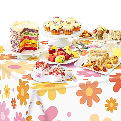 Image of Augisteen Groovy Daisy Tablecloth Plastic Boho Flowers Table Covers Retro Hippies Flower Disposable Rectangle Tablecloths for 70s Boho Birthday Baby Shower Wedding Party 54 x 108 Inch, 4 PCS