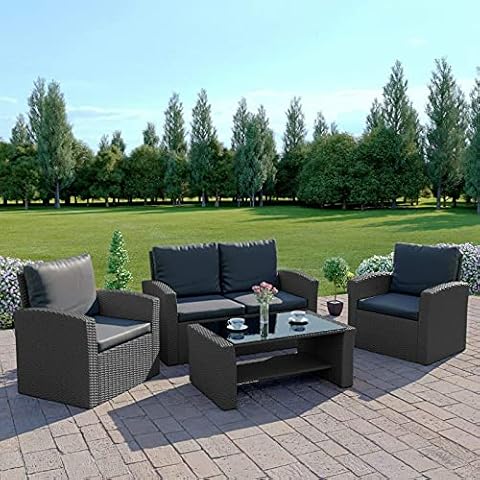 Abreo Rattan Garden Furniture Patio Conservatory New 4 Seater Wicker Weave Algarve Sofa Set (Solid Grey with Dark Cushions) INCLUDES OUTDOOR PROTECTIVE COVER Cover