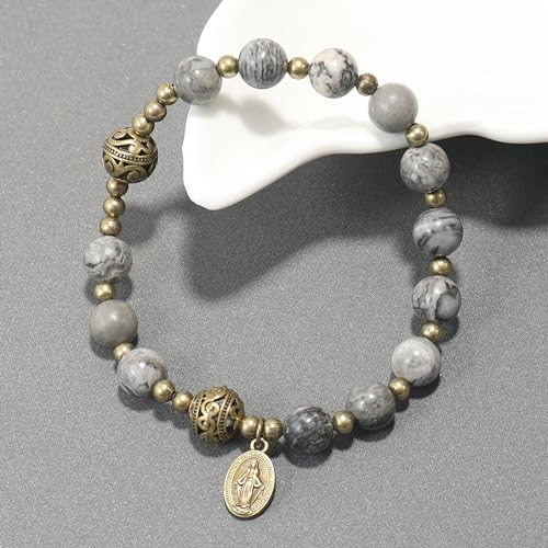 Nazareth Store Stone Beads Rosary Bracelet with Metal Separators and Catholic Medal - Durable and Elegant Wrist Jewelry2