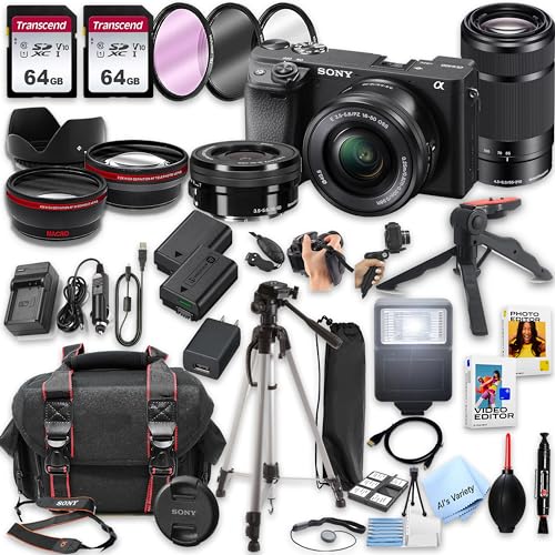 Sony a6400 Mirrorless Camera with16-50mm & 55-210mm Zoom Lenses + 128GB Memory, Spare Battery, Filters,Case, Tripod, Flash, and More (39pc Bundle) (Renewed)