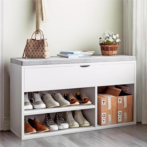 GarveeHome Storage Bench With Cushion, Entryway Bench With Lift-Top Storage Box & 2 Tiers Open Shoe Rack for Bedroom, White 39.3 inches L x 11.8 inches W x 22.4 inches H White