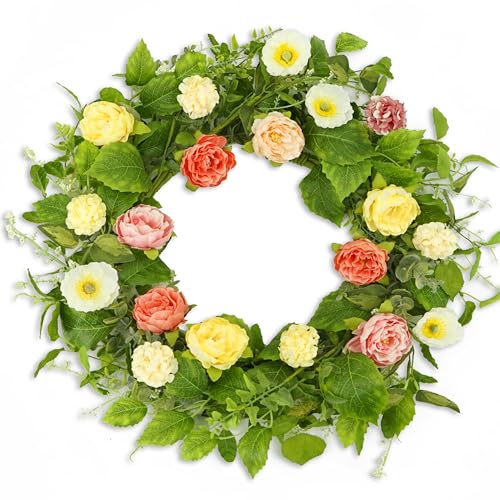 KORSMV Artificial Spring Summer Wreaths for Front Door Summer Door Wreath Floral Wreath with Colorful Flower for Indoor Outdoor Wall Porch Farmhouse Garden Home Decoration