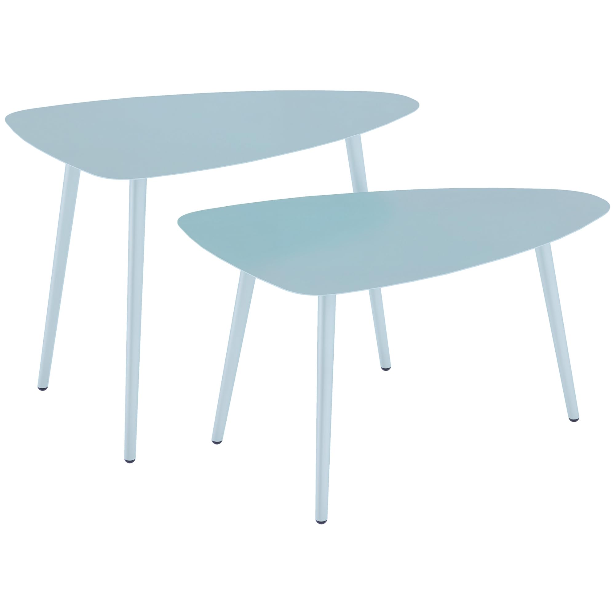Outsunny Lot de 2 Tables Basses de Jardin, Tables d'appoint gigognes triangulaires, Cadre en Acier, avec Patins Ajustables pour Balcon, Patio, Jardin, Bleu Clair