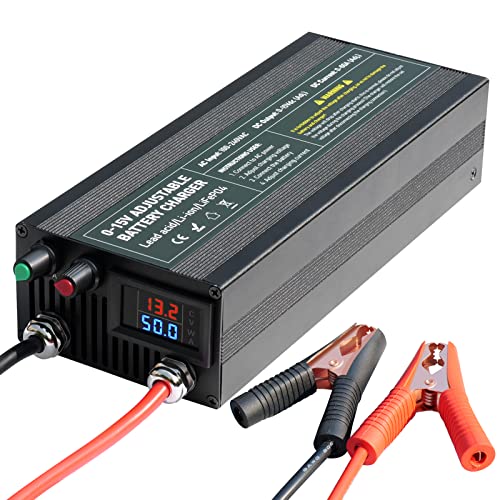 C60A 12V High Power Lifepo4 Charger Smart Battery Charger Maintainer with 0-15V Adjustable Current and Voltage, 12.6V Portable Power Adapter for 14.6V LiFePO4 Lithium Iron Rechargeable Battery(60A)