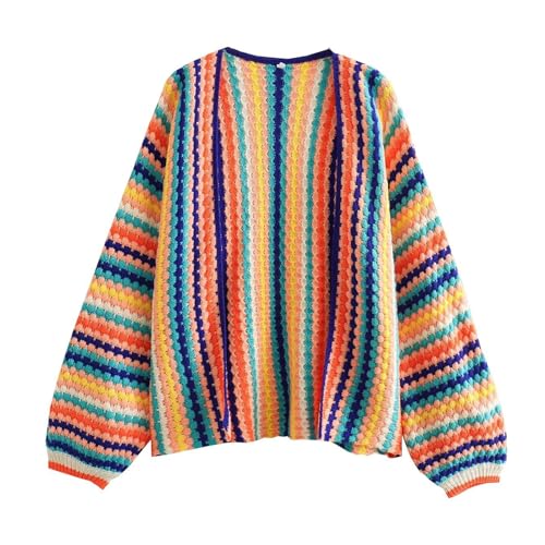 CORIRESHA Women's Rainbow Cardigan Open Front Long Sleeve Boho Crochet Colorful Striped Sweater