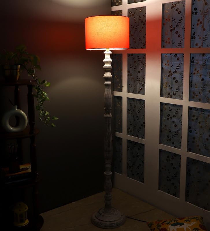 Image of tu casa Mango Wooden Floor Lamps with Red Shade for Home Decor, Bedrooms Corner, Living Room, Gifting, Diwali Decoration, Hall, Office, Study Room (Height: - 56 inch) - Bulb not Included