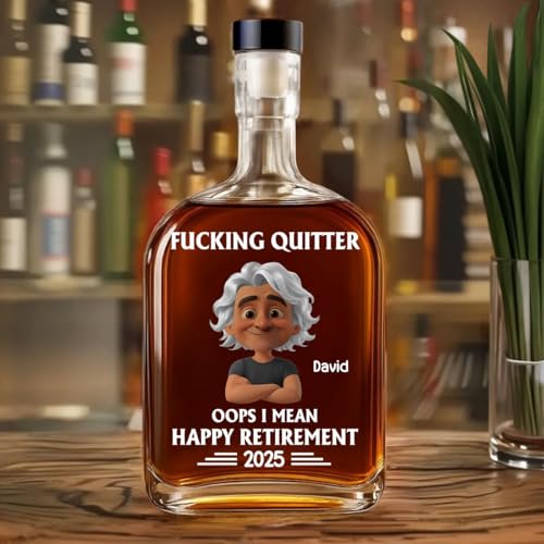 Wrappiness Happy Retirement Spirits Decanter Custom Characteristics and Name, Funny Goodbye Gift for Co-worker Whiskey Glass Bottle, 25oz Decanter for Liquor Vodka Tequila Bourbon Gift for Men